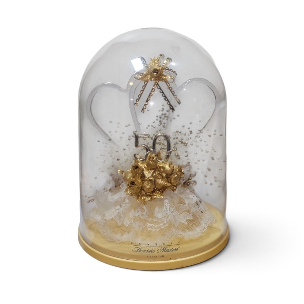 Vintage Treasure Masters Cake Topper 50th Anniversary Gold White Hearts Dome
